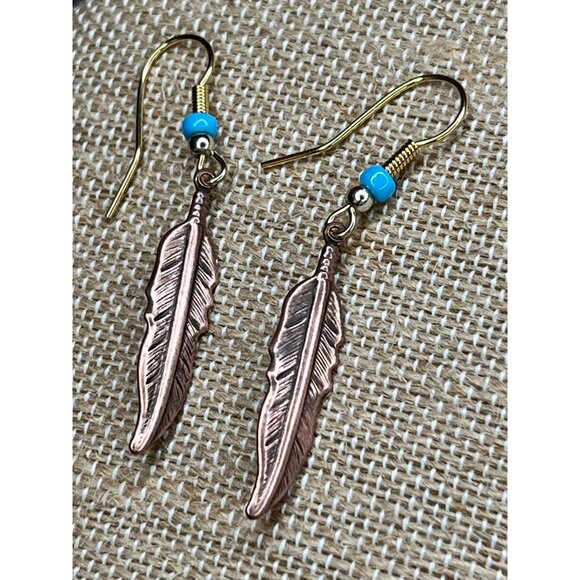 Copper Feather Dangle Earrings With Turquoise Bead Accent - Picture 1 of 7